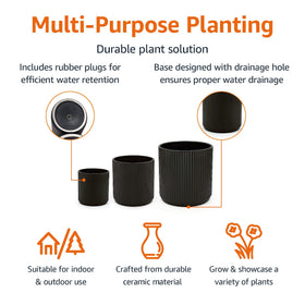 Amazon Basics fluted ceramic planter 8-inch with drainage hole for flowers.