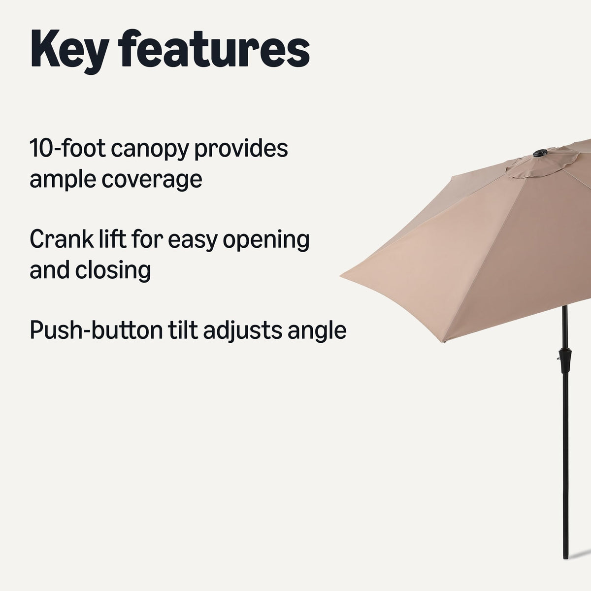 Amazon Basics patio umbrella with push-button tilt for sun-angle control.