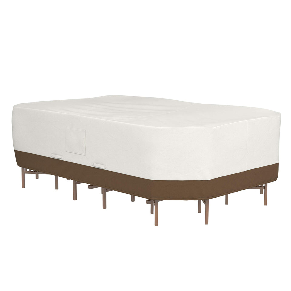 Amazon Basics patio cover waterproof and UV-resistant for rectangular table sets.