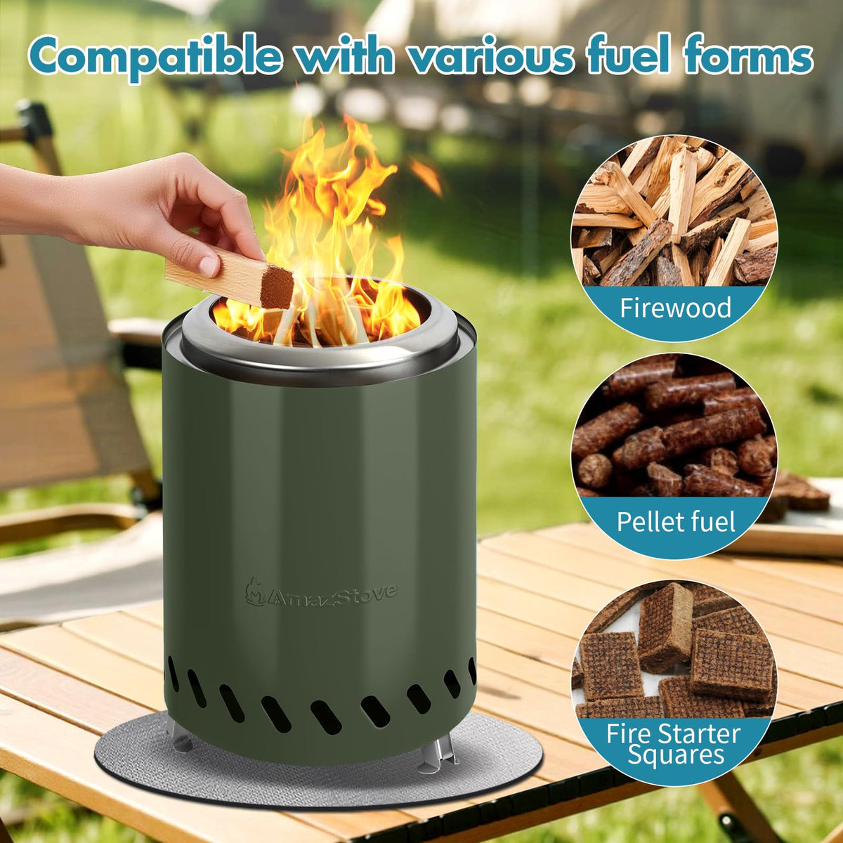 AmazStove 50–60 minute burn time supports extended gatherings