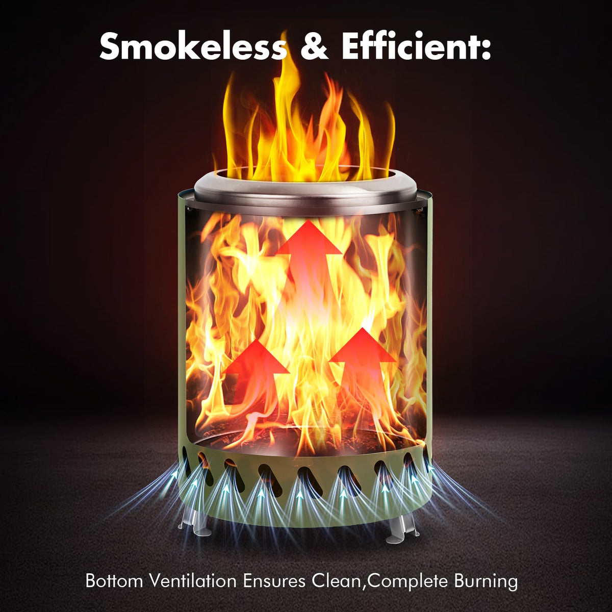 AmazStove low-smoke burn using 360° updraft technology