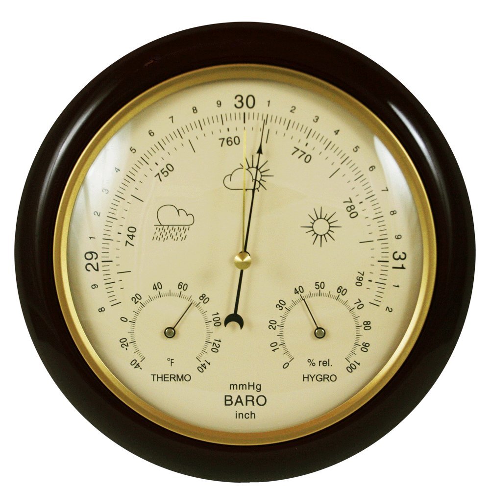 Ambient Weather WS-YG302A barometer in cherry finish displays temperature and humidity for home comfort.