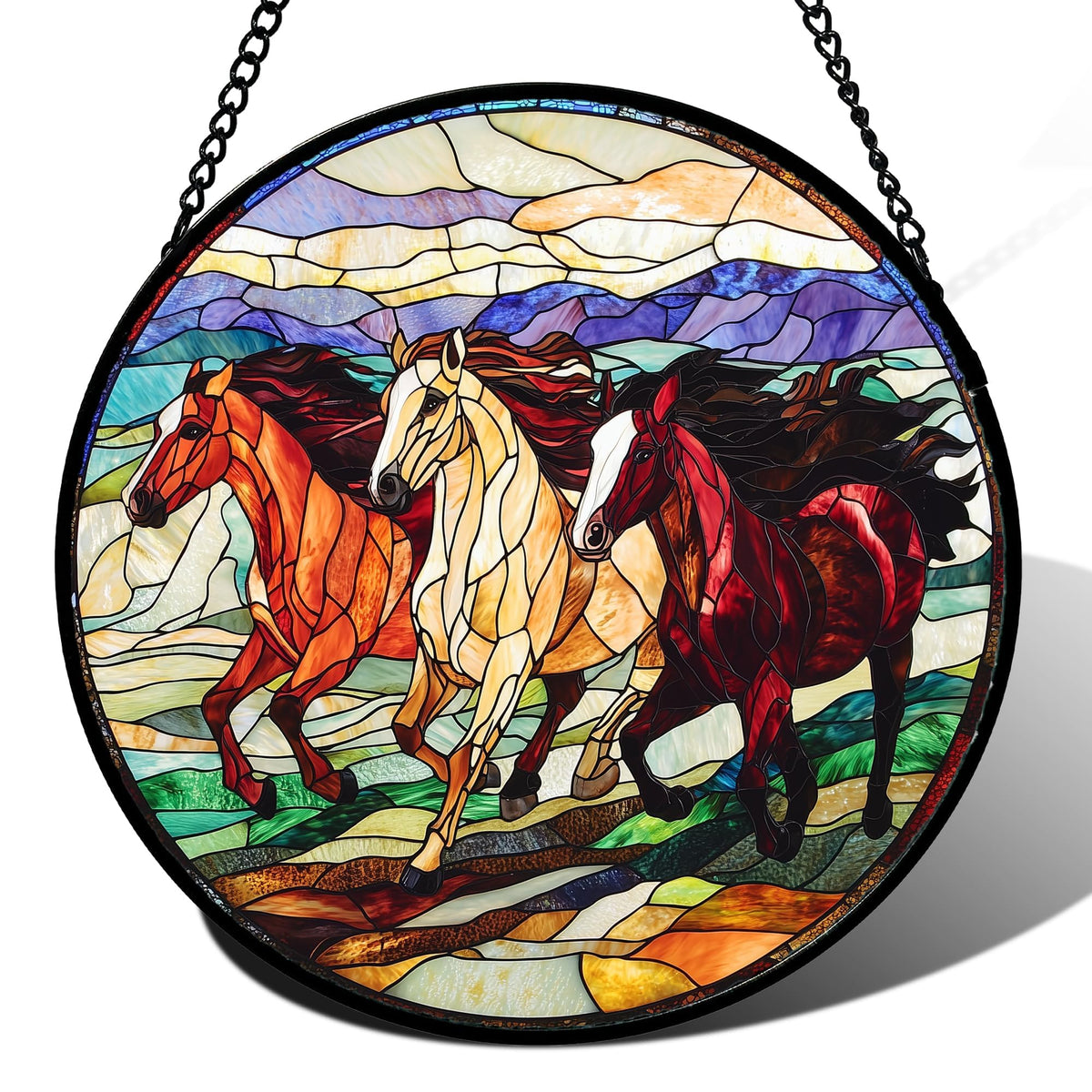 AMDERVEN galloping horses stained glass sun catcher brightens windows with colorful light.