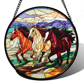 AMDERVEN galloping horses stained glass sun catcher brightens windows with colorful light.