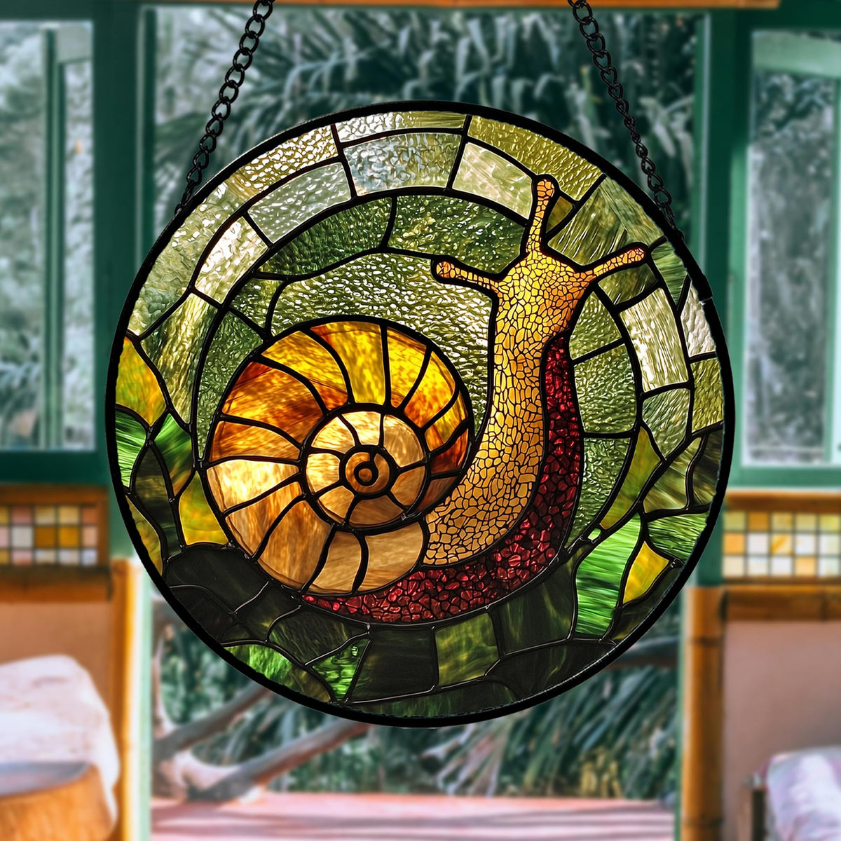 AMDERVEN stained glass design with intricate patterns enhances windows as a decorative centerpiece.