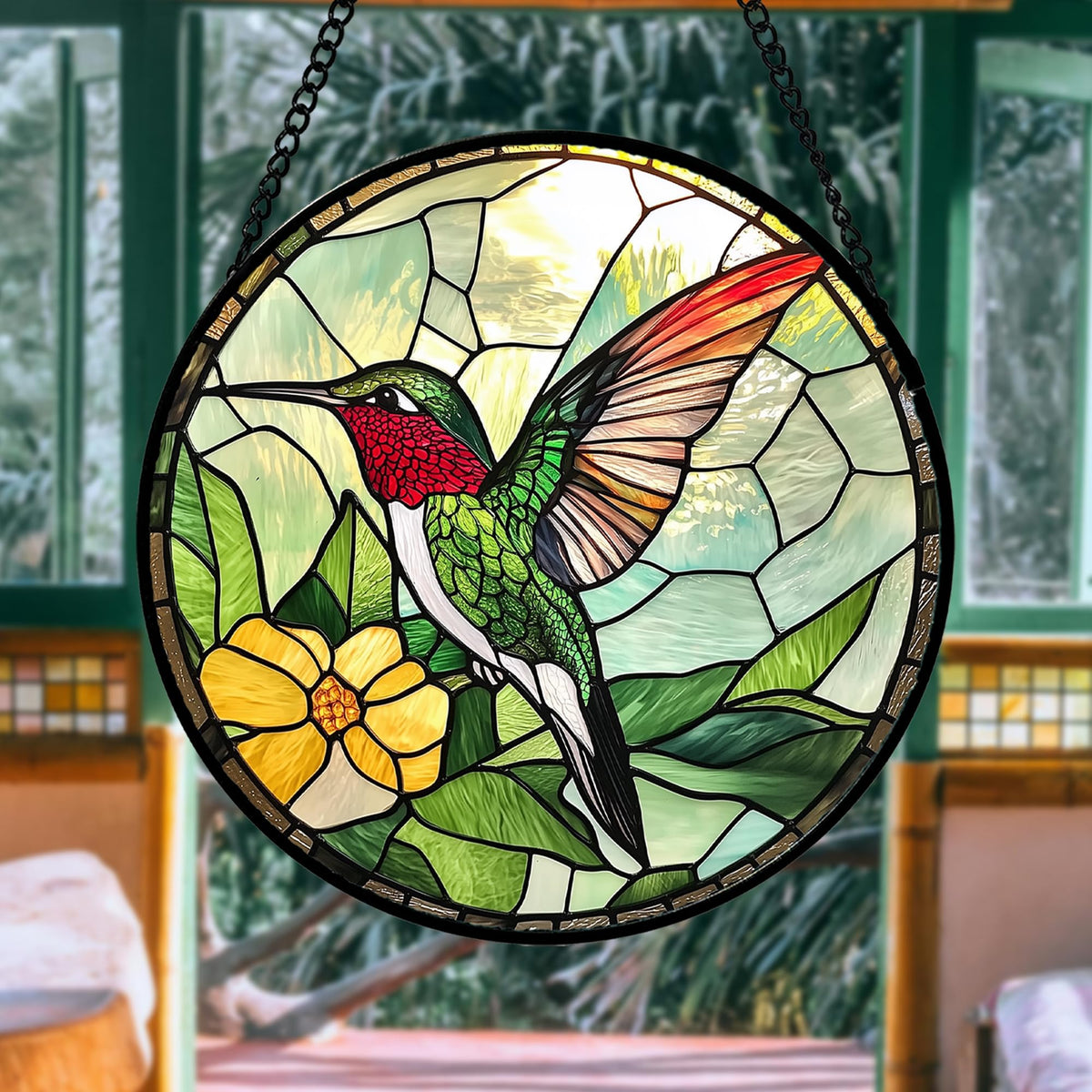 AMDERVEN intricate hummingbird suncatcher design enhances the window focal point and room atmosphere.