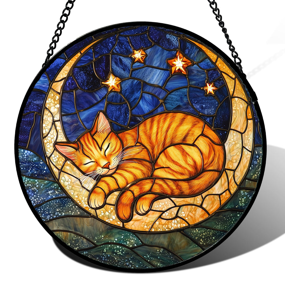 AMDERVEN orange moon sleeping cat sun catcher brightens the window with vivid colors.