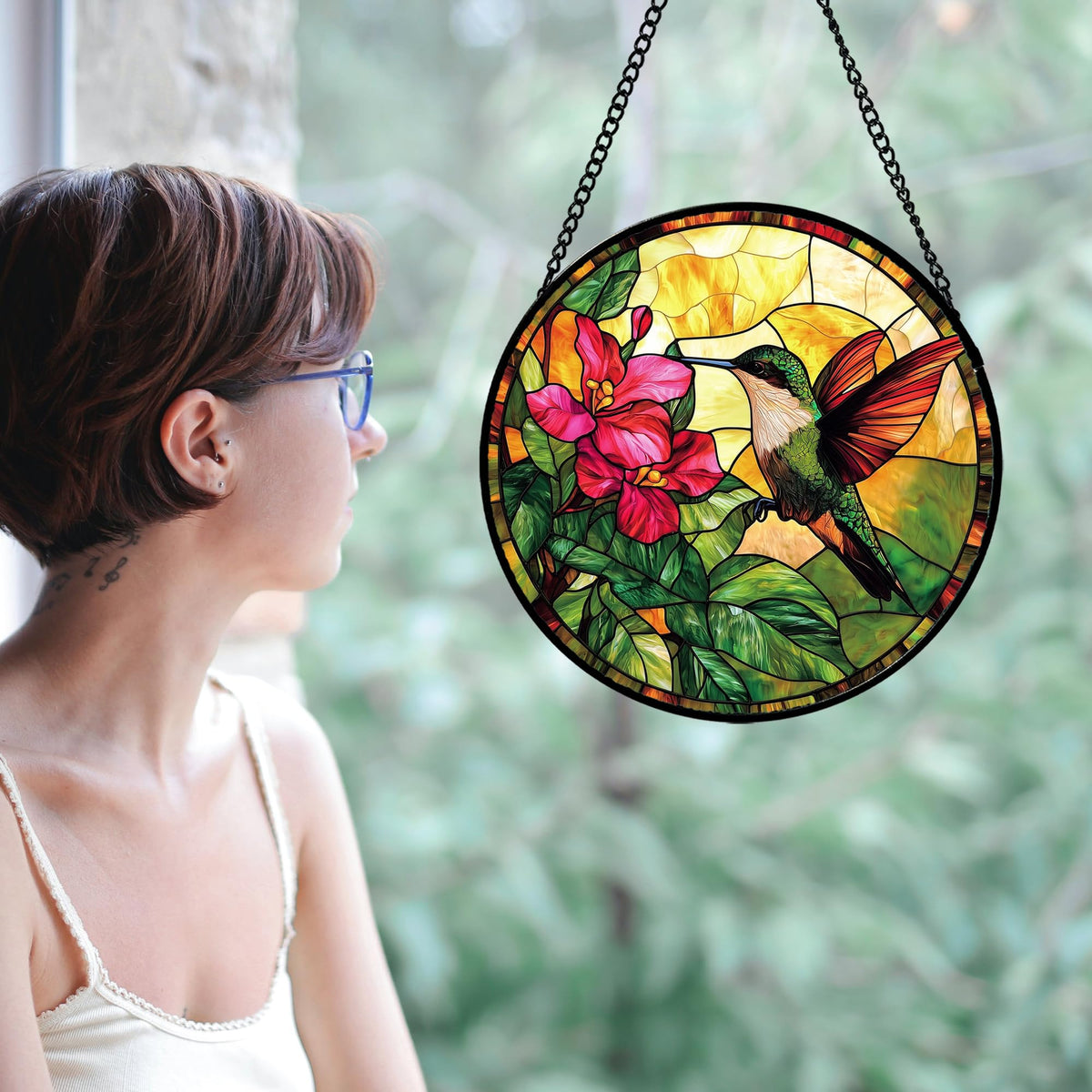 AMDERVEN red flowers stained glass adds a bright focal point