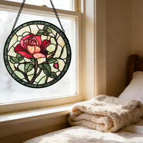 AMDERVEN rose suncatcher holiday display adds festive color.