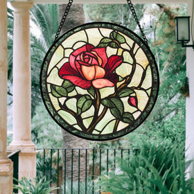AMDERVEN rose suncatcher closeup petals showing intricate glass pattern.