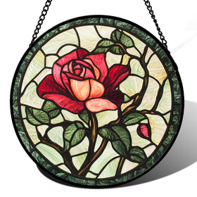 AMDERVEN stained glass rose suncatcher front view with vibrant window colors.