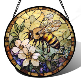 AMDERVEN stained glass sun catcher with bee-yellow flower brightens windows with sunlight