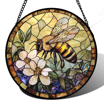 AMDERVEN stained glass sun catcher with bee-yellow flower brightens windows with sunlight