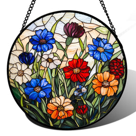 AMDERVEN stained glass sun catcher with colorful flowers creates a warm rainbow glow.