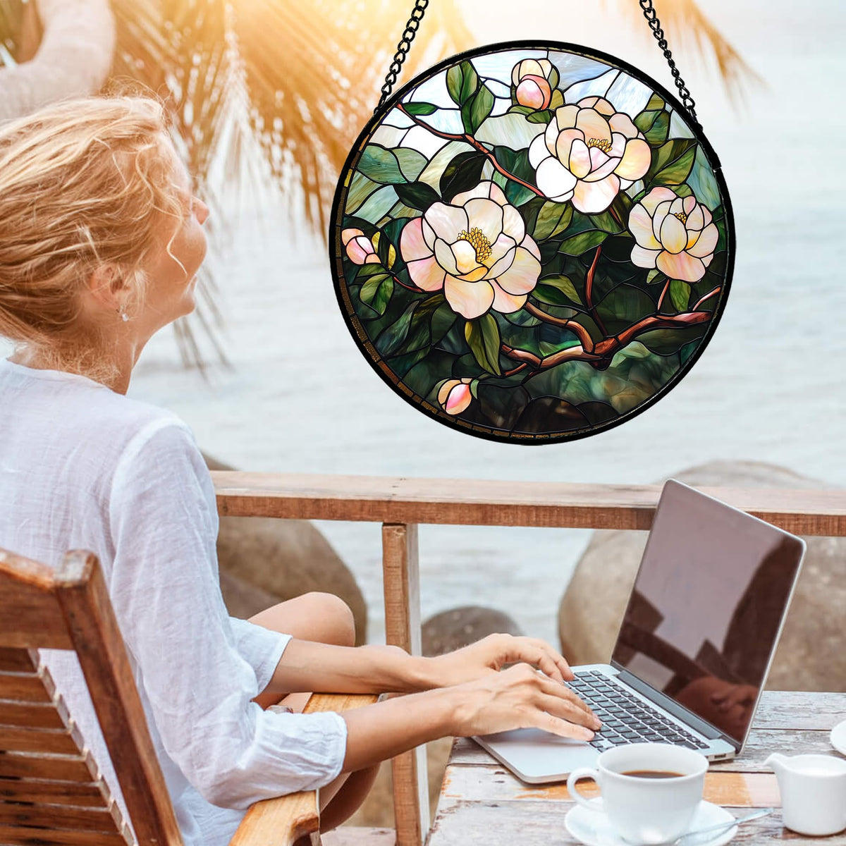 AMDERVEN stained glass suncatcher detailed craftsmanship shows intricate curves for elegant decor.