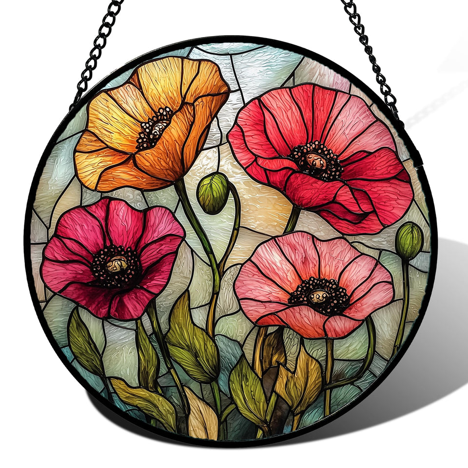 AMDERVEN stained glass suncatcher with red orange poppy flowers brightens windows with warm color