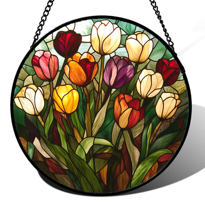 AMDERVEN stained glass tulip close-up reveals vivid colors for decor.