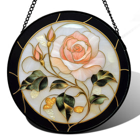 AMDERVEN stained glass window hanging in black white pink rose colors sunlight creates warm reflections