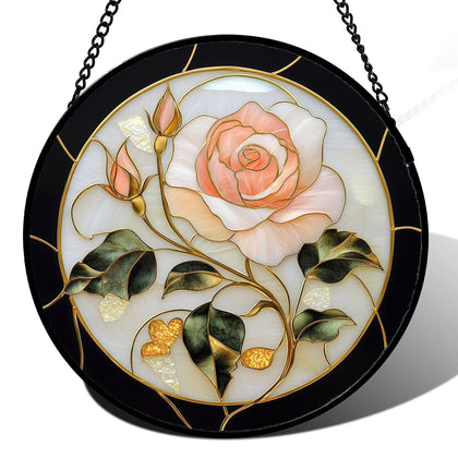 AMDERVEN stained glass window hanging in black white pink rose colors sunlight creates warm reflections