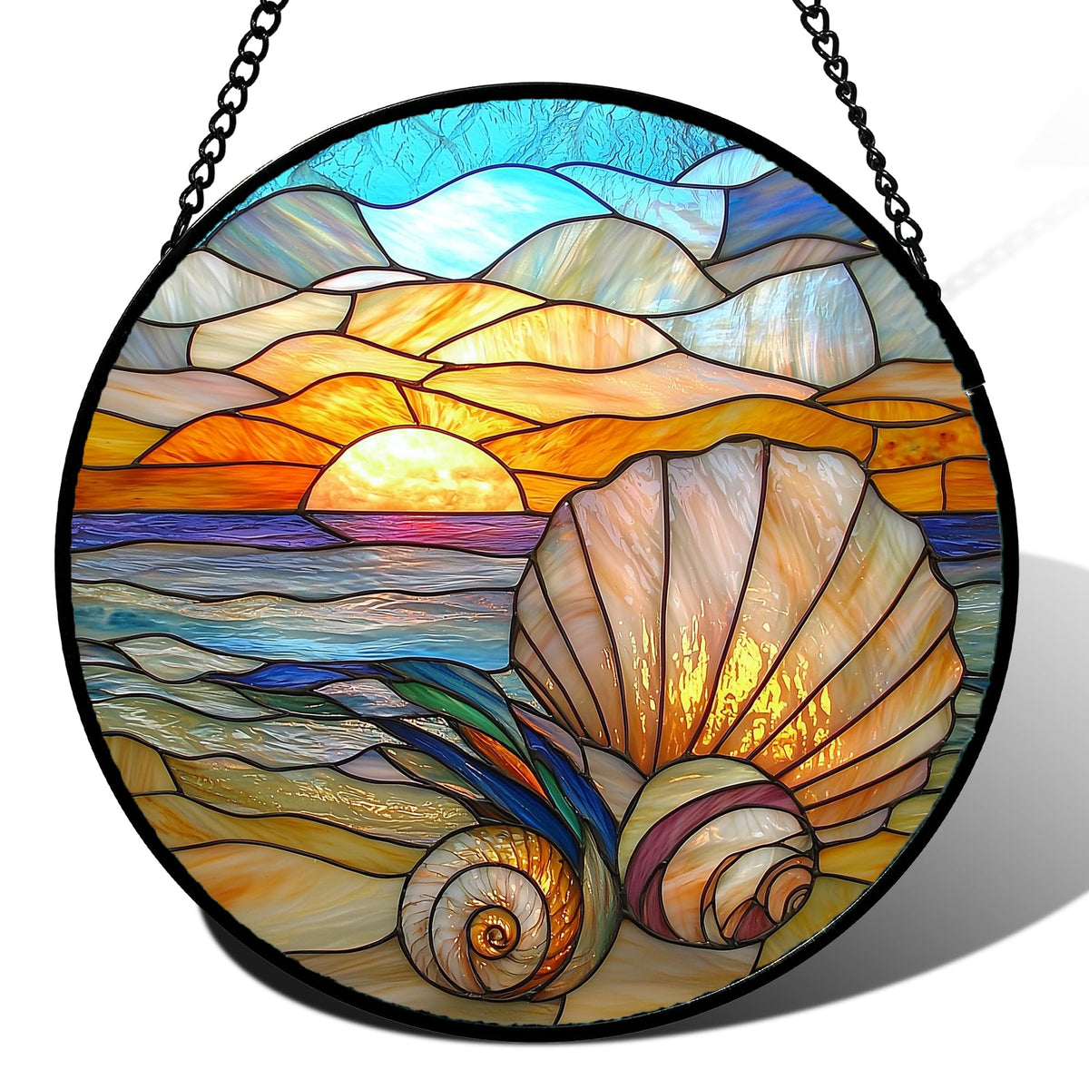 AMDERVEN stained glass sun catcher with colorful beach shells brightens sunlit windows.