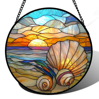 AMDERVEN stained glass sun catcher with colorful beach shells brightens sunlit windows.