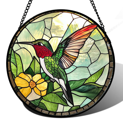 AMDERVEN stained glass window hanging with green hummingbird scatters warm colors in sunlight.