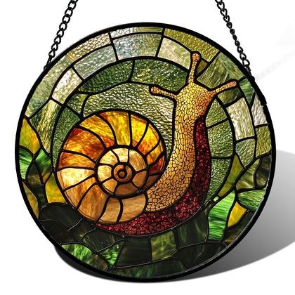 AMDERVEN stained glass window hanging with green orange snail, colorful reflections.