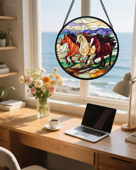 AMDERVEN stained glass window hanging horses decor adds vibrant color to any room.