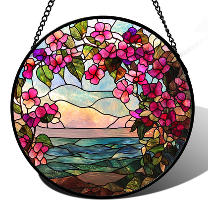 AMDERVEN stained glass window hanging with purple flower landscape brightens rooms in sunlight.