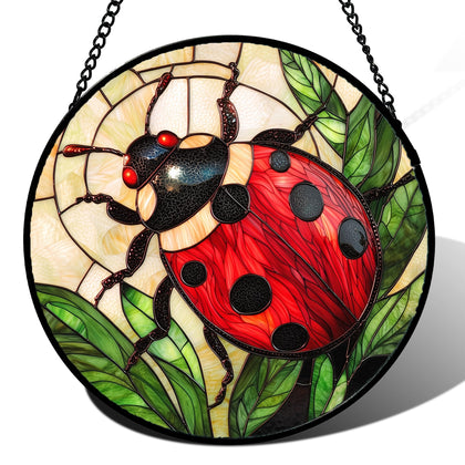 AMDERVEN stained glass window hanging with red ladybug sun catcher brightens spaces.