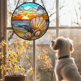 AMDERVEN sun catcher featuring shell pattern adds vibrant color to living room windows.