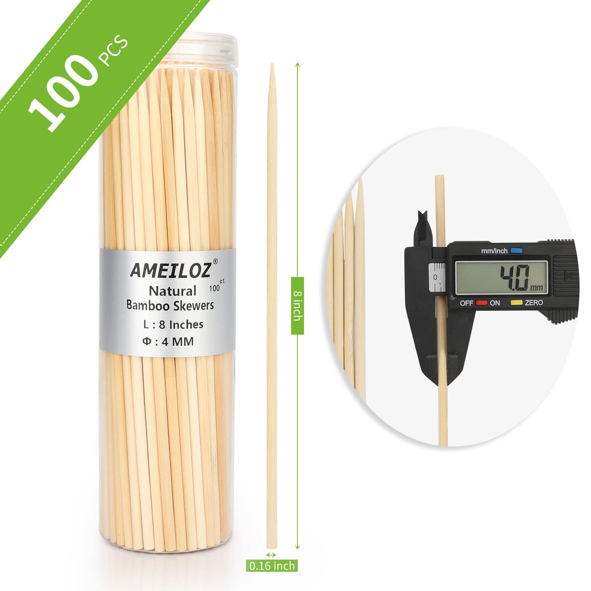 AMEILOZ 100pcs bamboo kebab sticks ready for quick marinades and grilling.