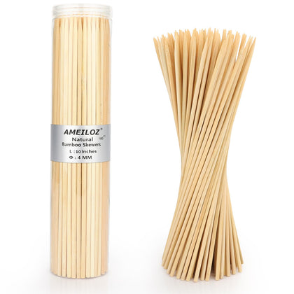 AMEILOZ 10-inch bamboo skewers in a sealed can for easy storage and prep