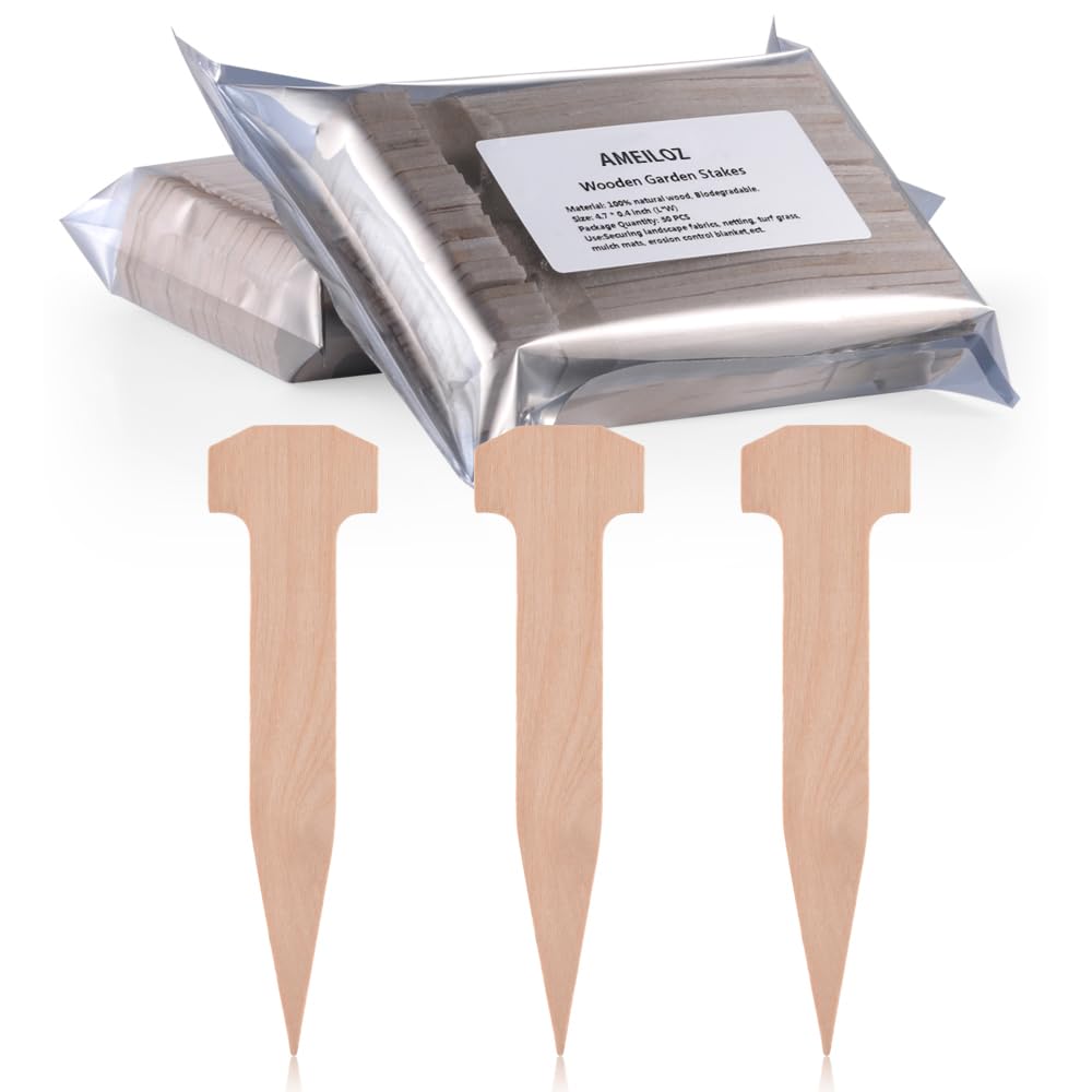 AMEILOZ 5-inch wooden garden stake pack secures beds and nets for tidy gardens.