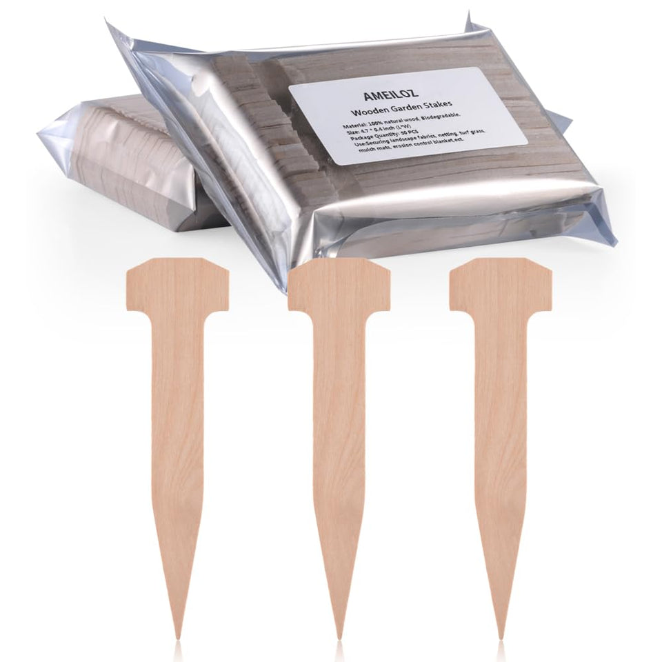 AMEILOZ 5-inch wooden garden stake pack secures beds and nets for tidy gardens.