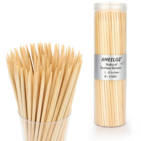 AMEILOZ 8in bamboo skewers packaged cans for clean storage and easy grilling prep.