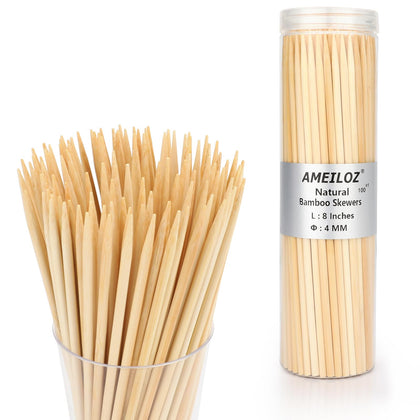 AMEILOZ 8in bamboo skewers packaged cans for clean storage and easy grilling prep.