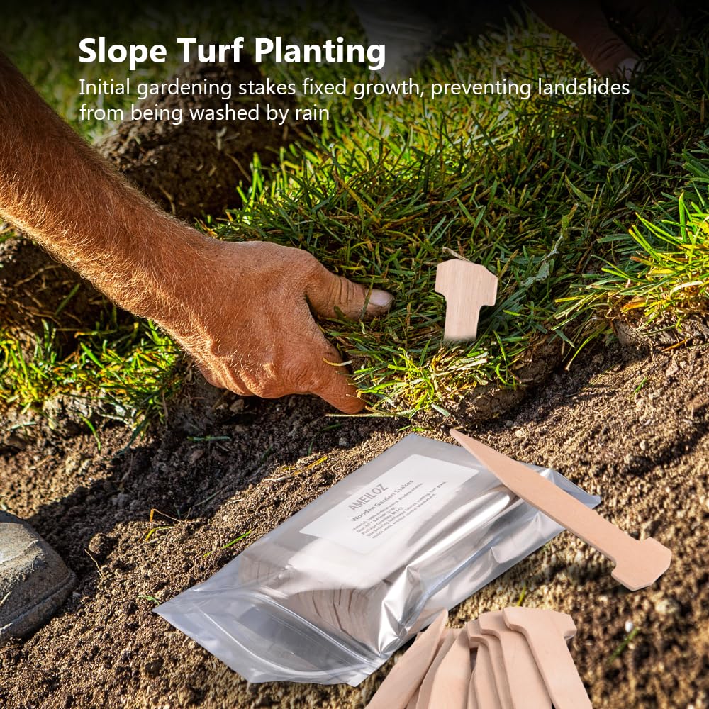 AMEILOZ wooden stake secures weed barrier and landscape fabric along borders.