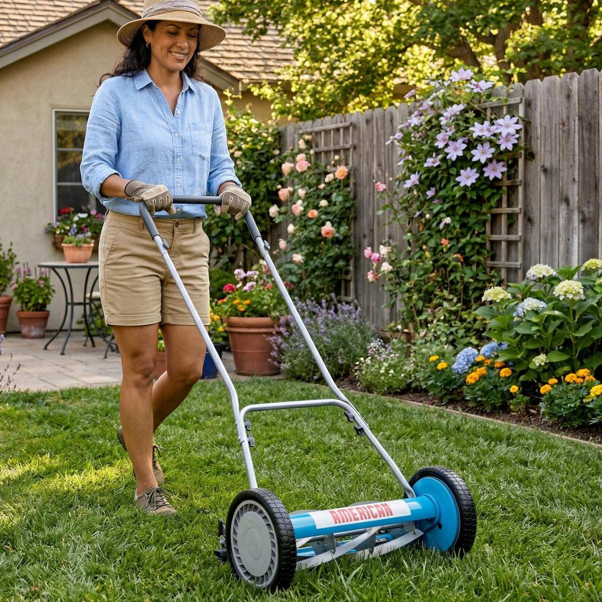 Height adjustment mechanism on American Lawn Mower Company 2815-18 in action