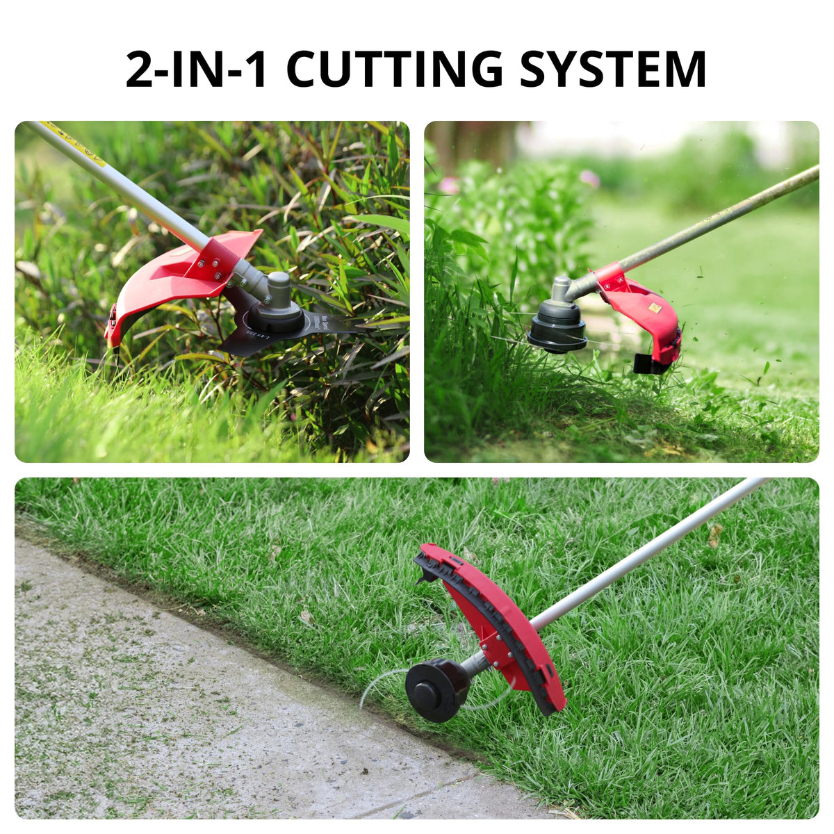 AMERISUN 3-in-1 system in action showing trimmer, edger, brush cutter