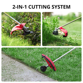AMERISUN 3-in-1 system in action showing trimmer, edger, brush cutter