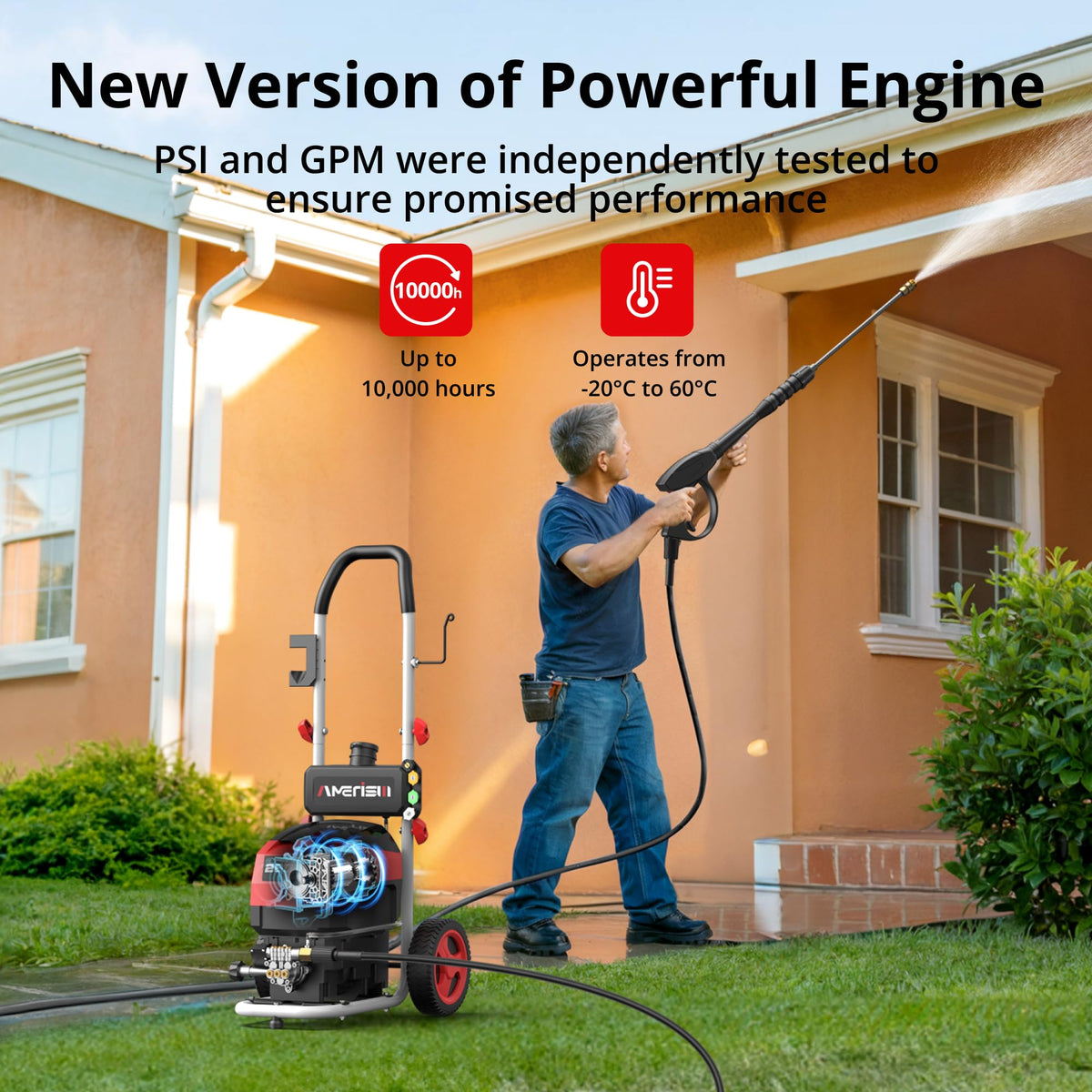 AMERISUN front-view-pressure-washer shows a sturdy, reliable outdoor washer for tough jobs.