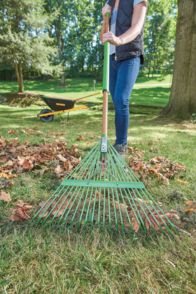 AMES hardwood and steel handle attached to rake head for durability.