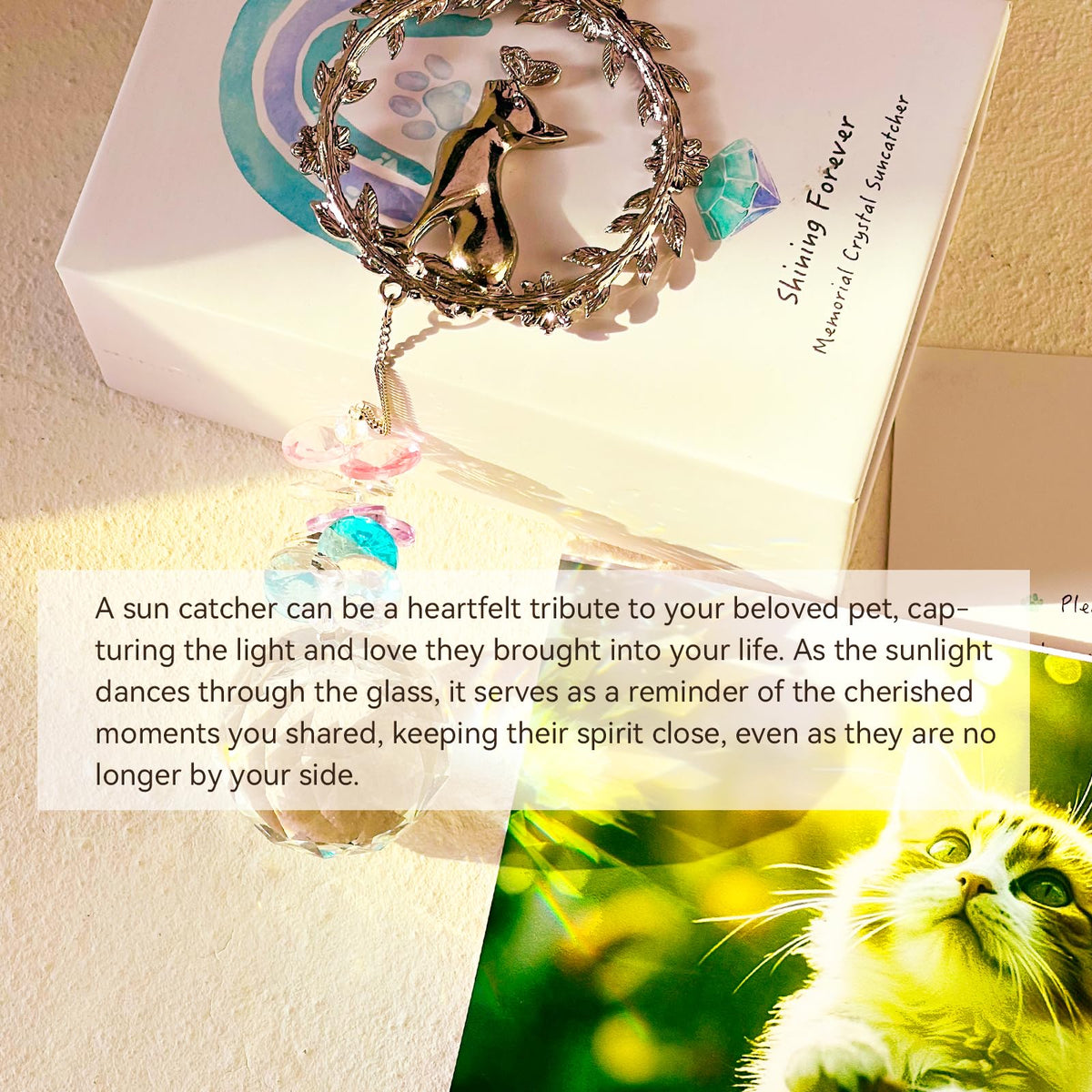 AMETHUARTZ hanging sun catcher displayed by window for ambient remembrance.