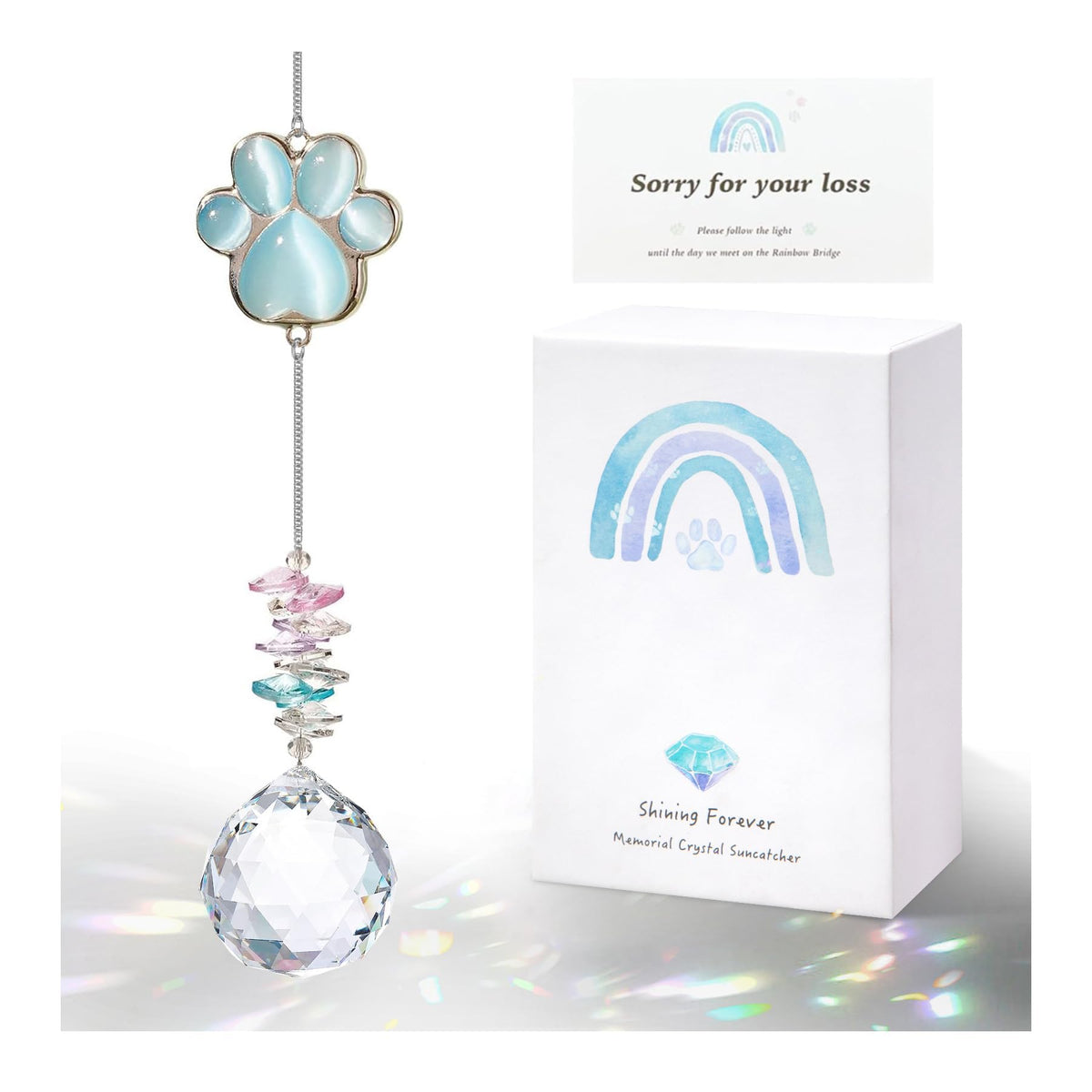 AMETHUARTZ dog memorial sun catcher pendant casts rainbow light for remembrance.