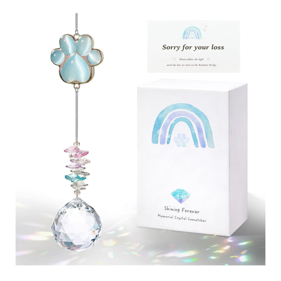 AMETHUARTZ dog memorial sun catcher pendant casts rainbow light for remembrance.