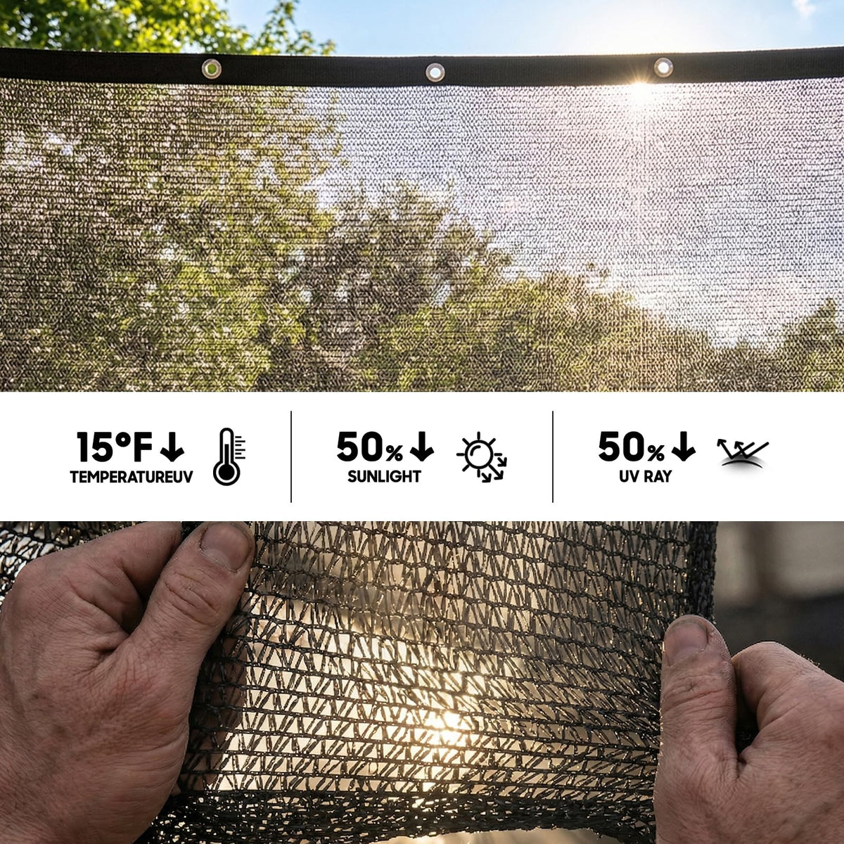 Amgo 8ft x 16ft shade netting spread over plants to improve airflow.