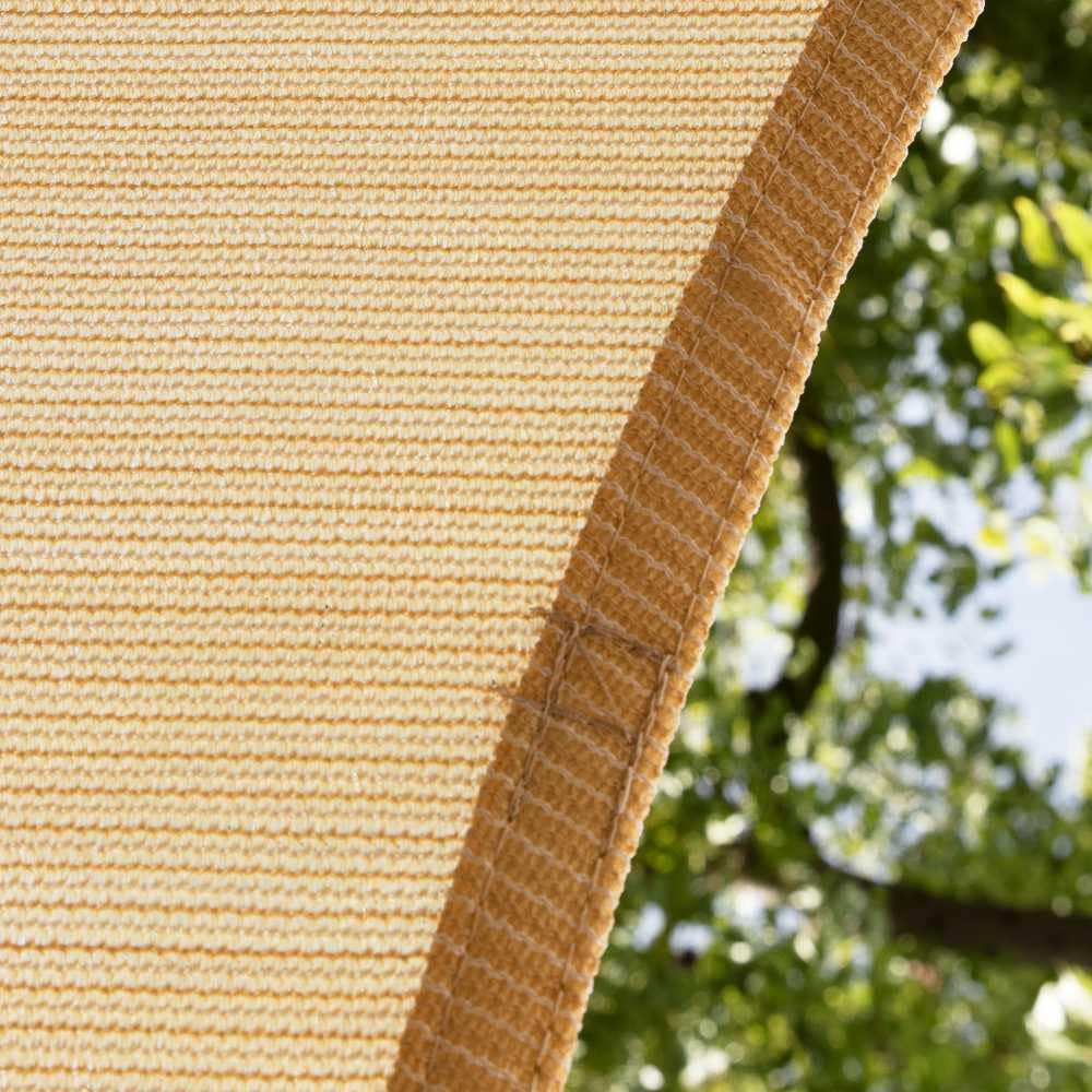 Amgo beige square sunshade over a poolside lounge area.