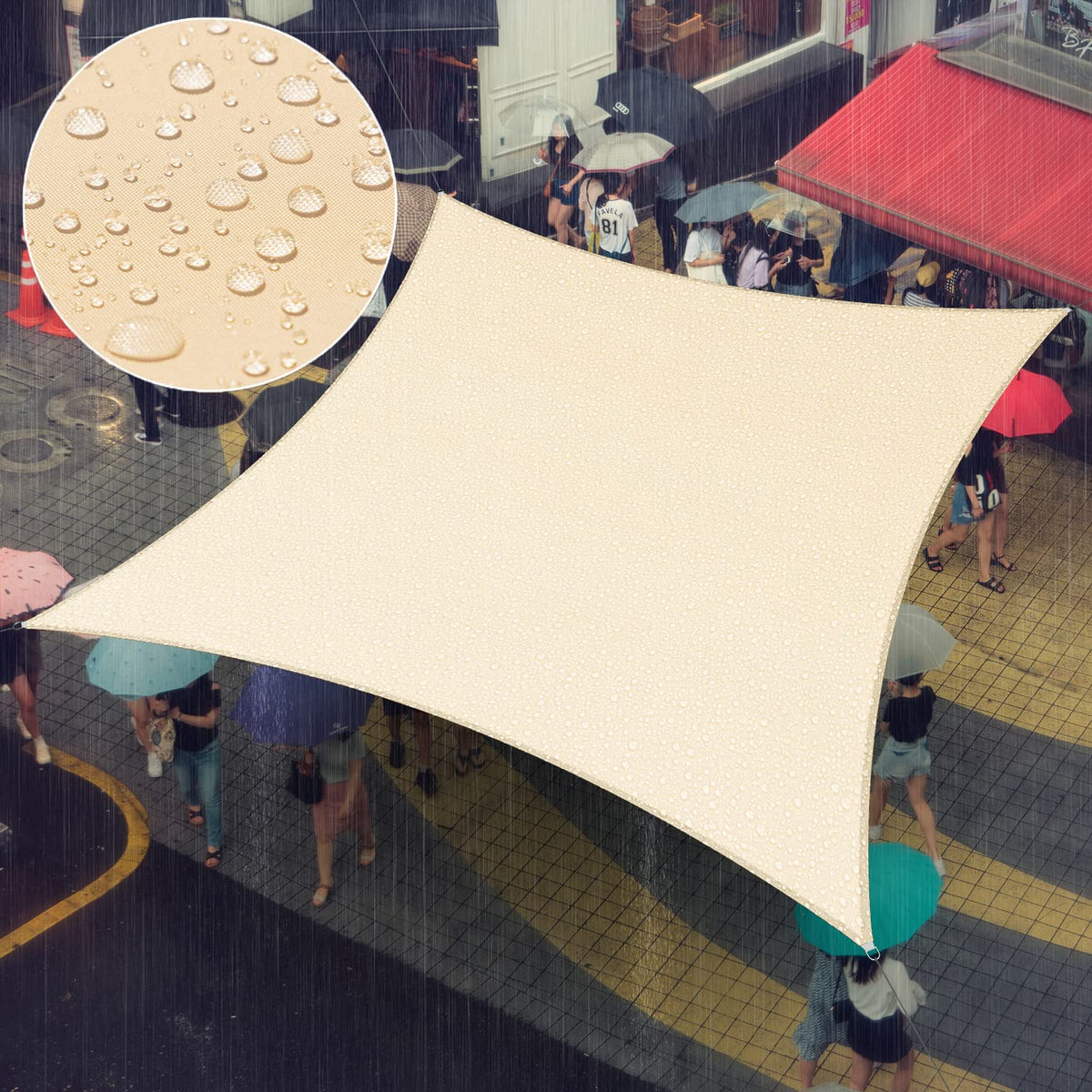 Amgo beige 14x14 square shade sail protecting a patio