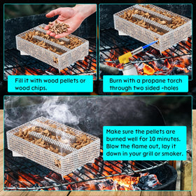 AMGSH tray used for cold smoking cheese and hot smoking meat on a grill.